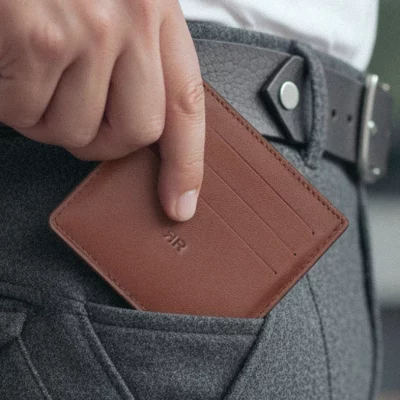 Tarjetero en piel de ternera, con tres ranuras a cada lado para tarjetas y un bolsillo superior abierto, forrado en la misma piel.