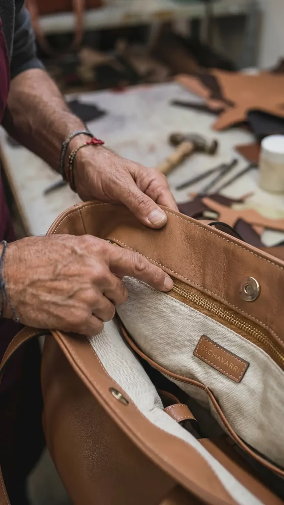 La calidad de confección del interior del un bolso de lujo.